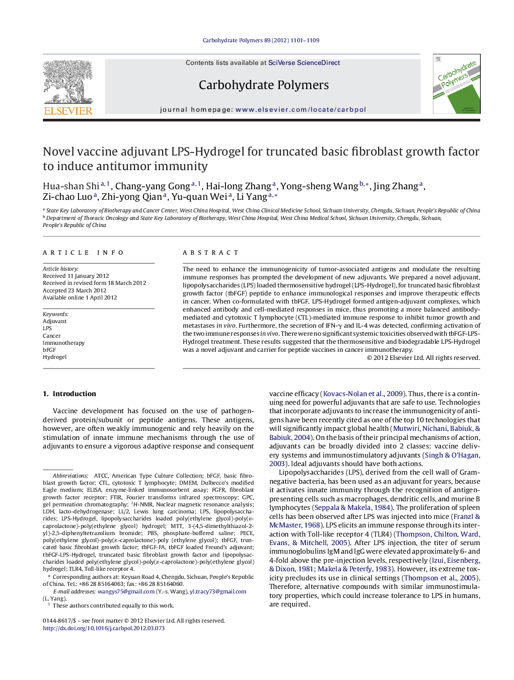 Novel vaccine adjuvant LPS-Hydrogel for truncated basic fibroblast growth factor to induce antitumor immunity