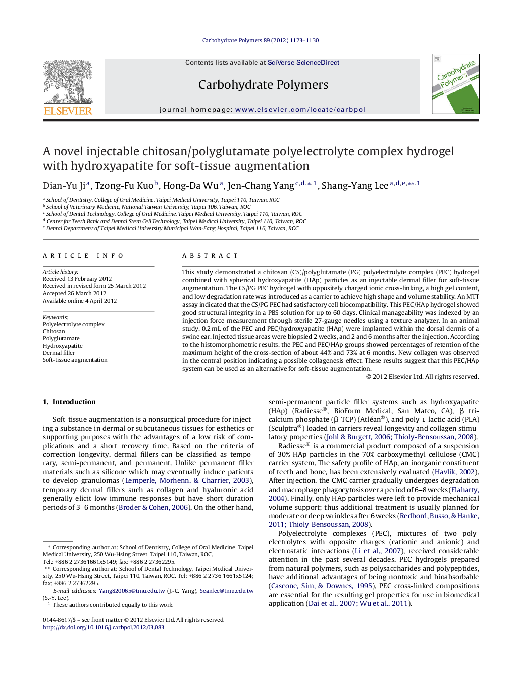 A novel injectable chitosan/polyglutamate polyelectrolyte complex hydrogel with hydroxyapatite for soft-tissue augmentation