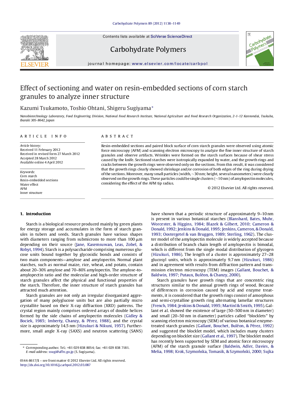 Effect of sectioning and water on resin-embedded sections of corn starch granules to analyze inner structure