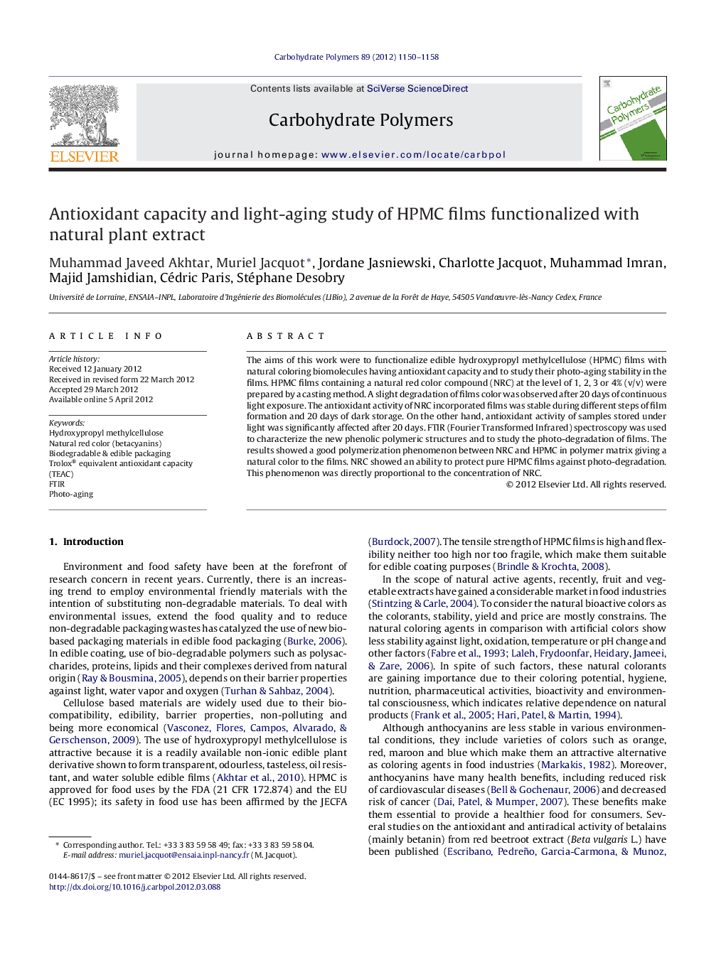 Antioxidant capacity and light-aging study of HPMC films functionalized with natural plant extract