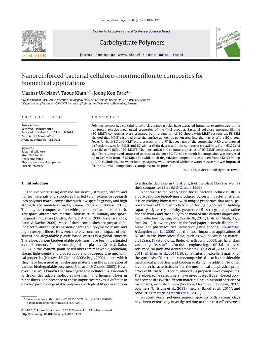 Nanoreinforced bacterial cellulose-montmorillonite composites for biomedical applications