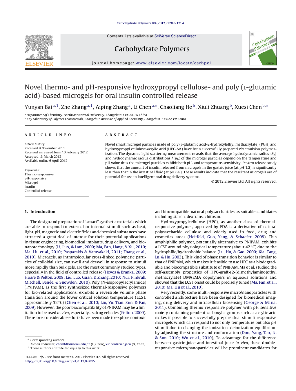 Novel thermo- and pH-responsive hydroxypropyl cellulose- and poly (l-glutamic acid)-based microgels for oral insulin controlled release