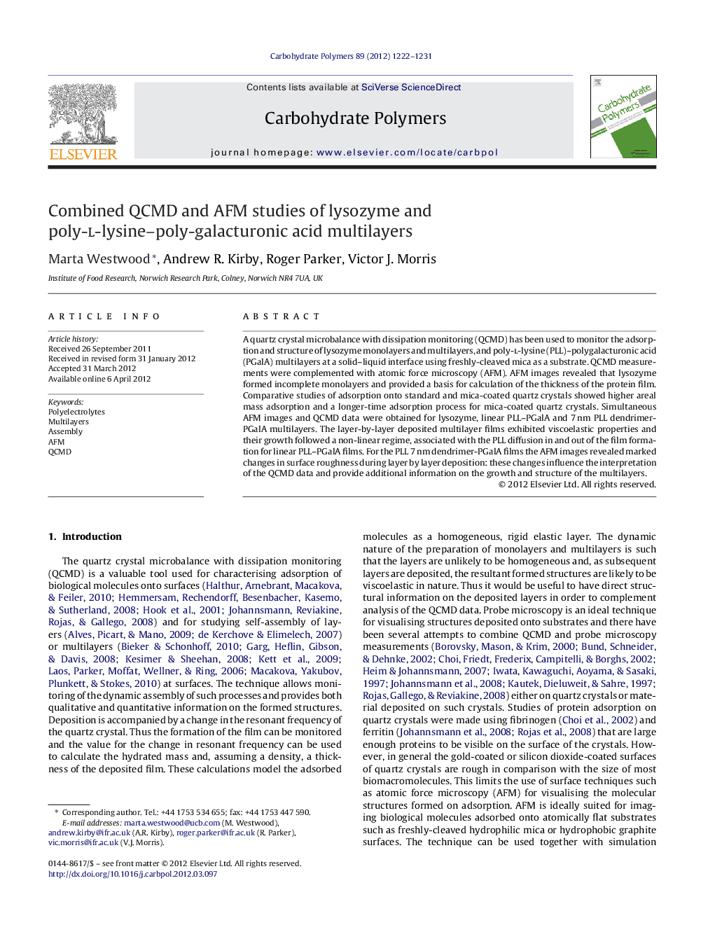 Combined QCMD and AFM studies of lysozyme and poly-l-lysine-poly-galacturonic acid multilayers