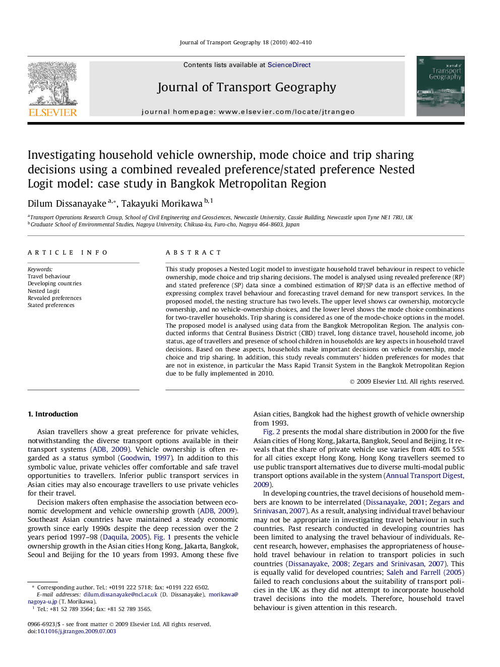 Investigating household vehicle ownership, mode choice and trip sharing decisions using a combined revealed preference/stated preference Nested Logit model: case study in Bangkok Metropolitan Region