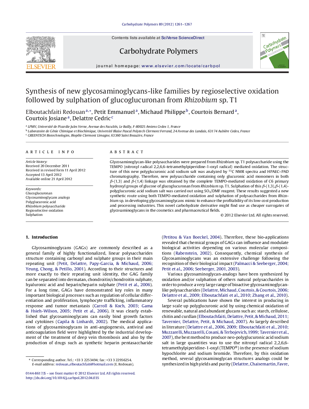 Synthesis of new glycosaminoglycans-like families by regioselective oxidation followed by sulphation of glucoglucuronan from Rhizobium sp. T1