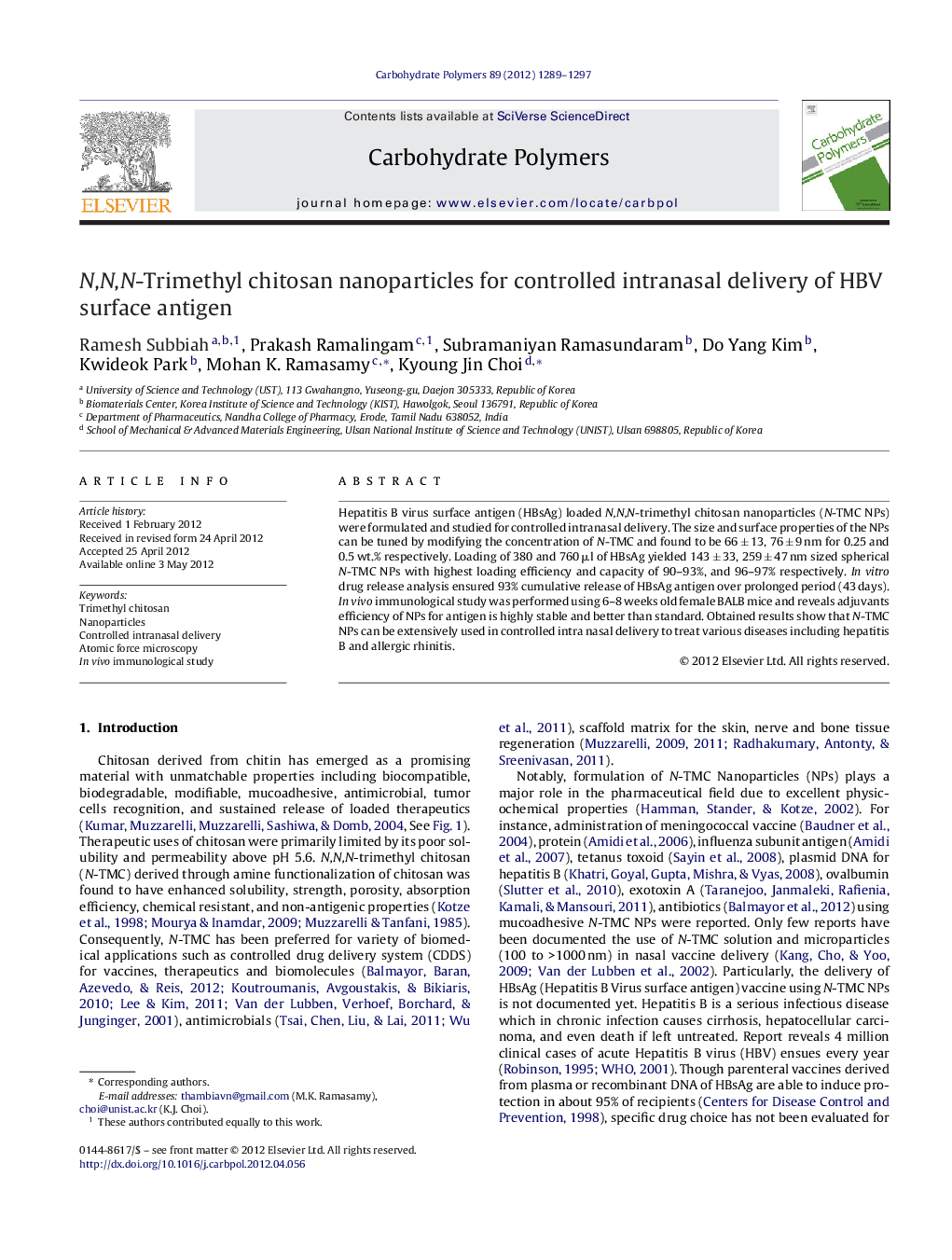 N,N,N-Trimethyl chitosan nanoparticles for controlled intranasal delivery of HBV surface antigen