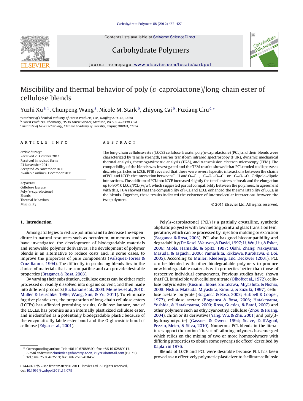 Miscibility and thermal behavior of poly (É-caprolactone)/long-chain ester of cellulose blends