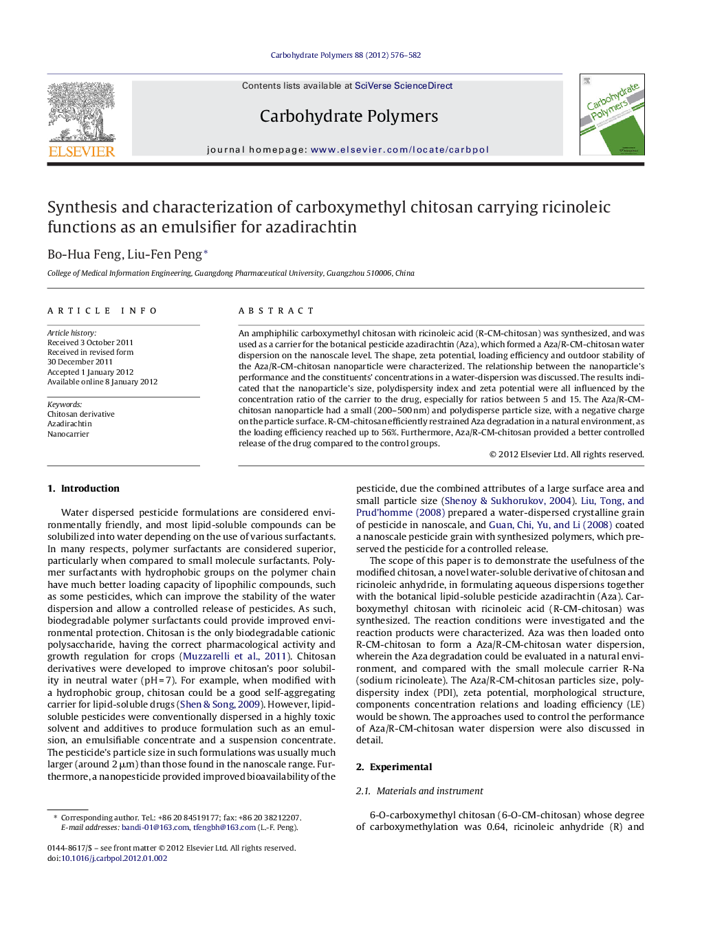 Synthesis and characterization of carboxymethyl chitosan carrying ricinoleic functions as an emulsifier for azadirachtin