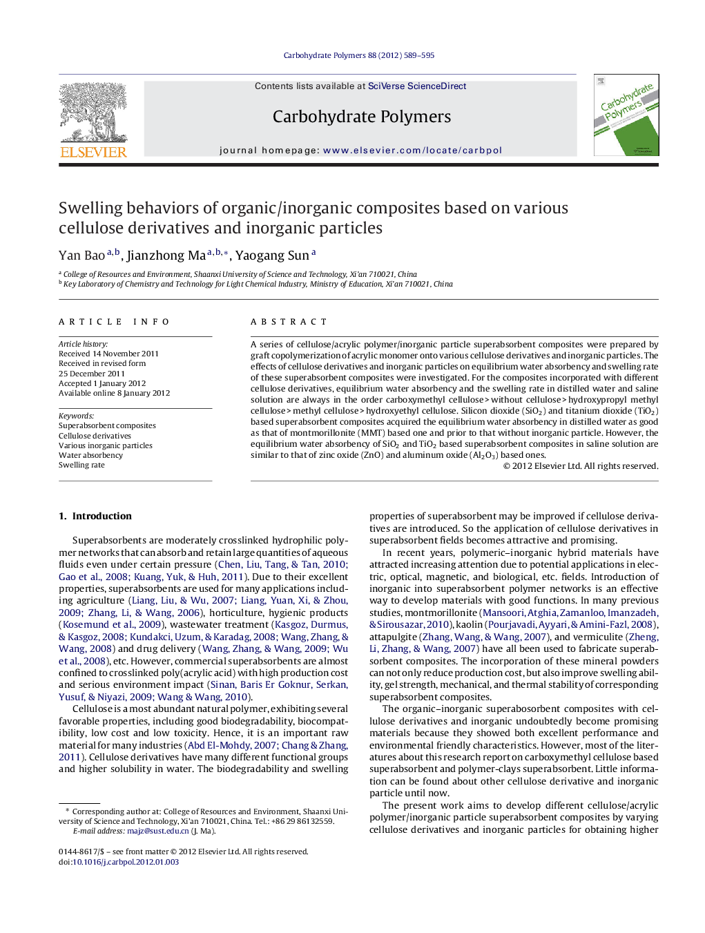 Swelling behaviors of organic/inorganic composites based on various cellulose derivatives and inorganic particles