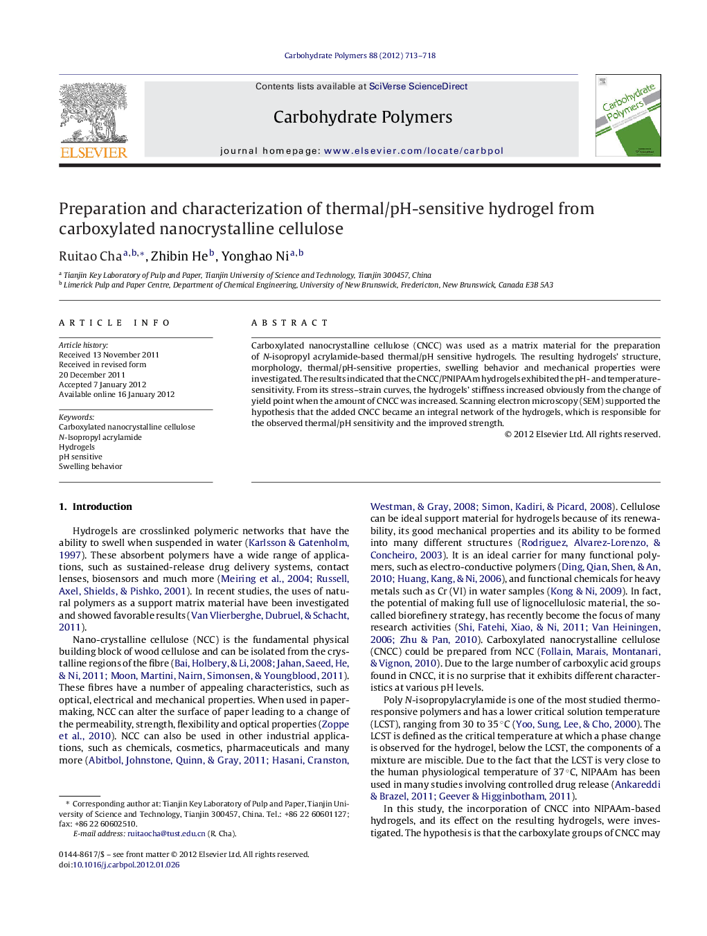 Preparation and characterization of thermal/pH-sensitive hydrogel from carboxylated nanocrystalline cellulose