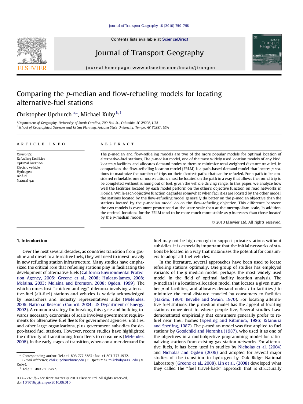 Comparing the p-median and flow-refueling models for locating alternative-fuel stations