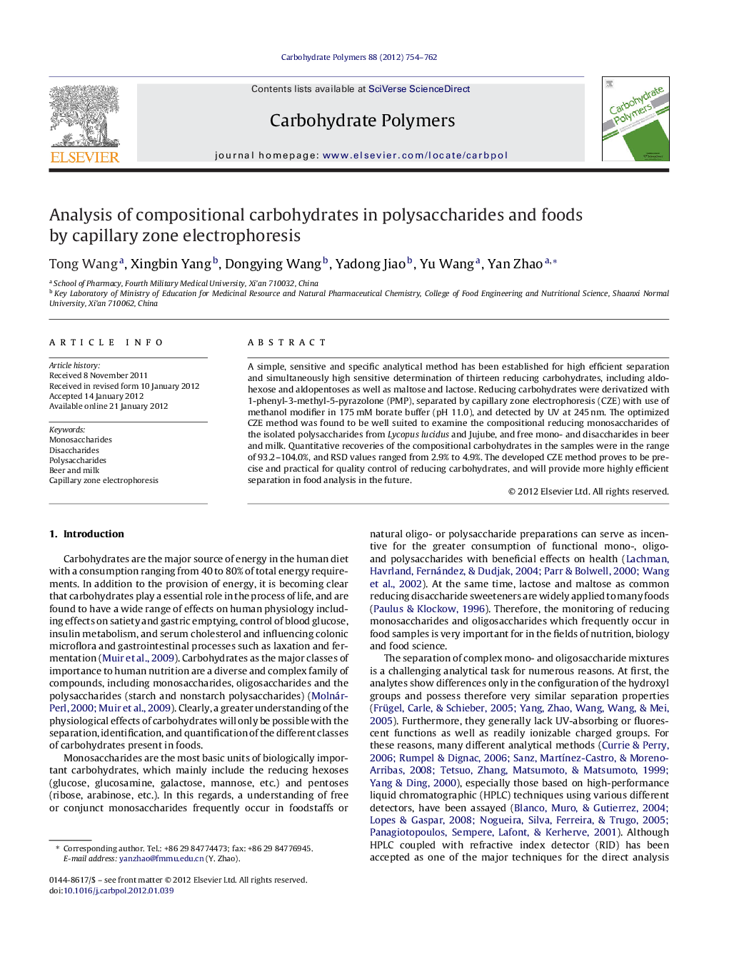 Analysis of compositional carbohydrates in polysaccharides and foods by capillary zone electrophoresis