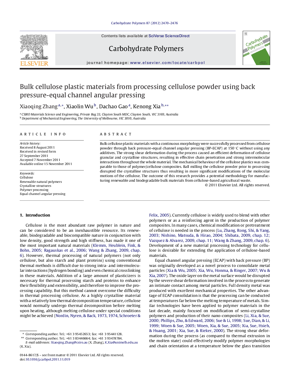 Bulk cellulose plastic materials from processing cellulose powder using back pressure-equal channel angular pressing