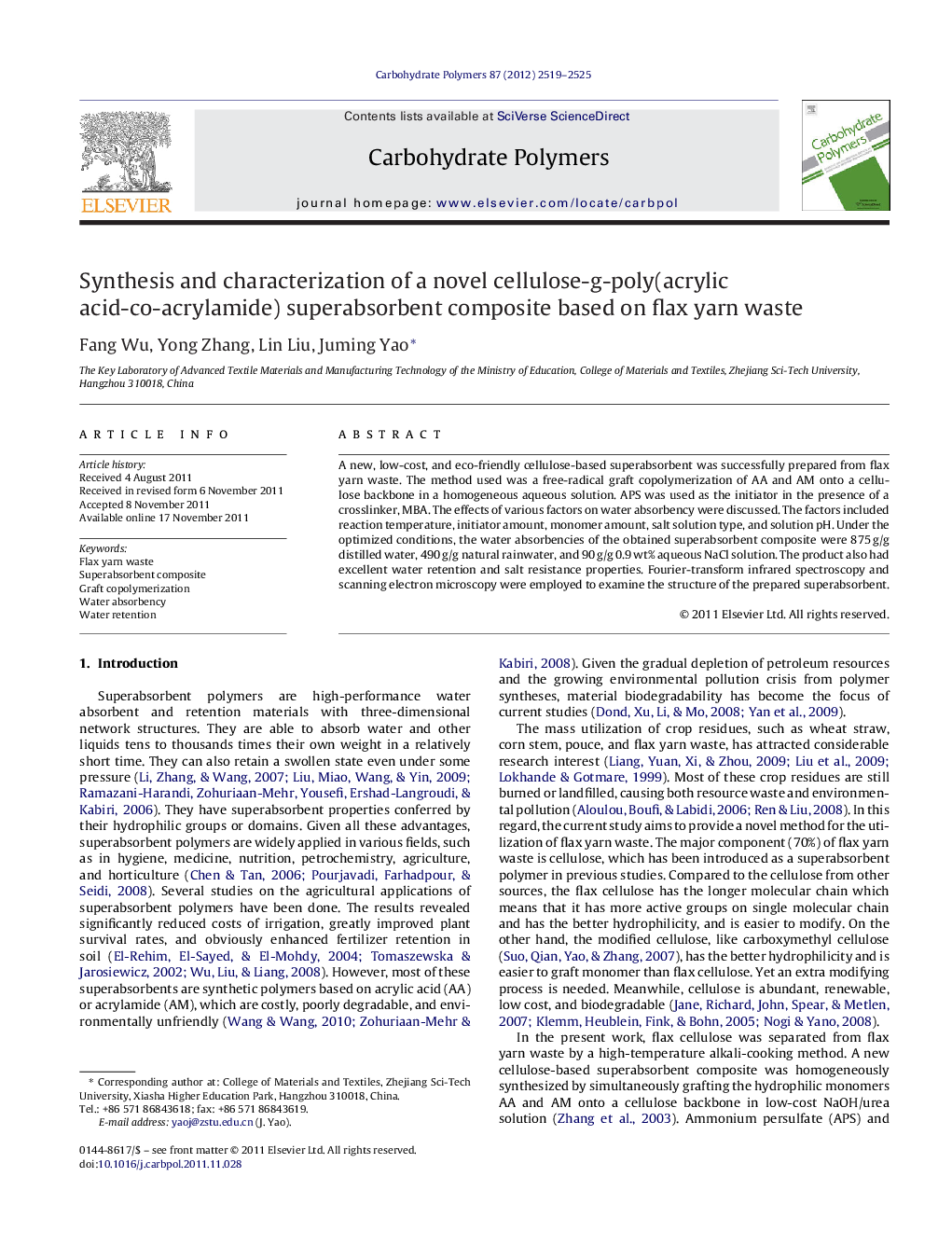 Synthesis and characterization of a novel cellulose-g-poly(acrylic acid-co-acrylamide) superabsorbent composite based on flax yarn waste