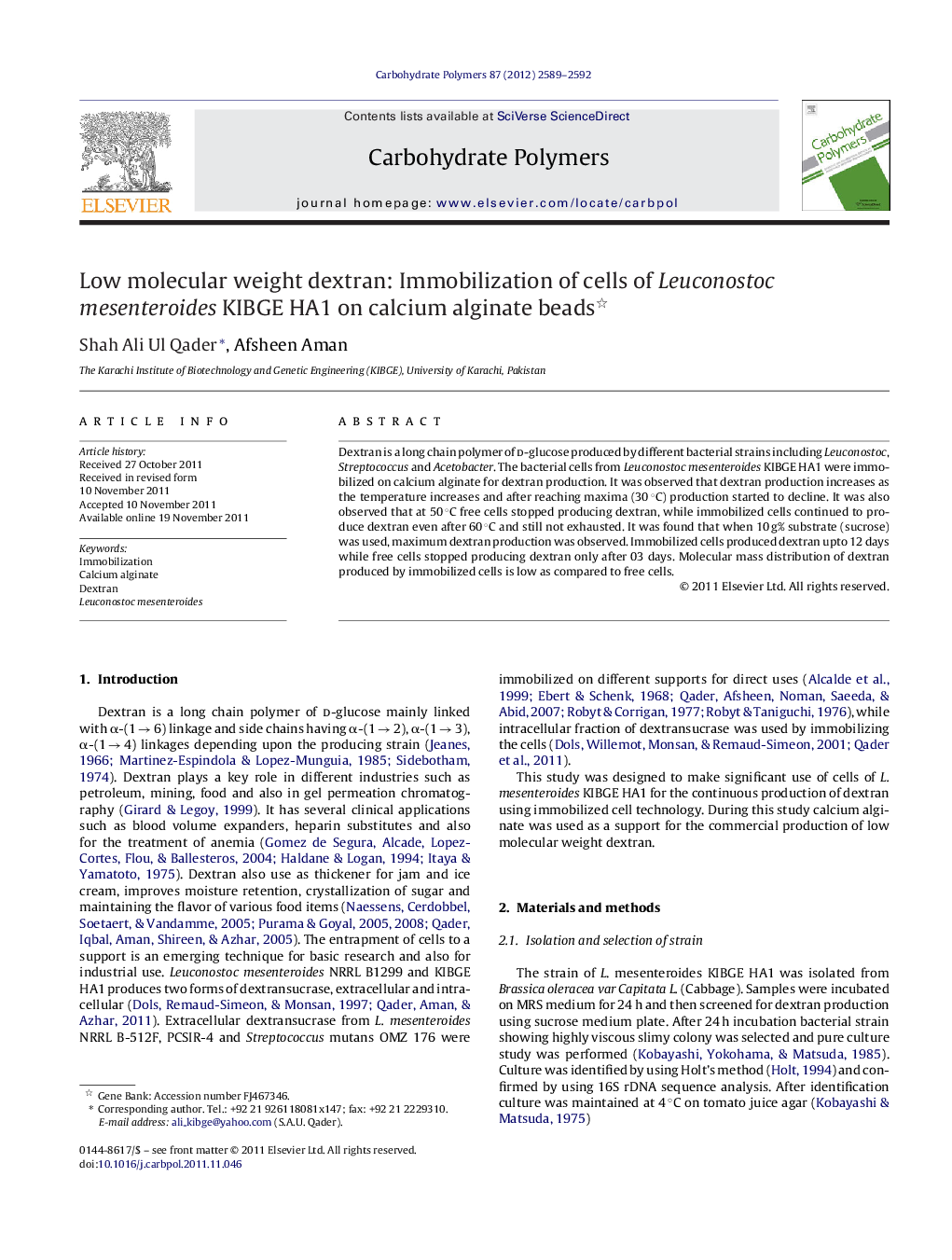 Low molecular weight dextran: Immobilization of cells of Leuconostoc mesenteroides KIBGE HA1 on calcium alginate beads