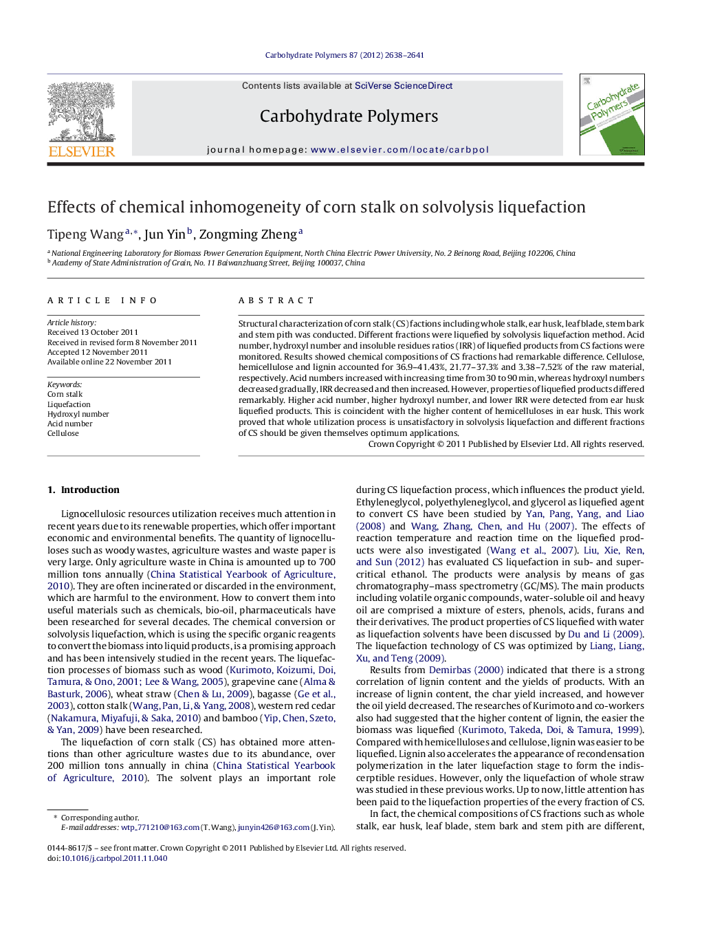 Effects of chemical inhomogeneity of corn stalk on solvolysis liquefaction