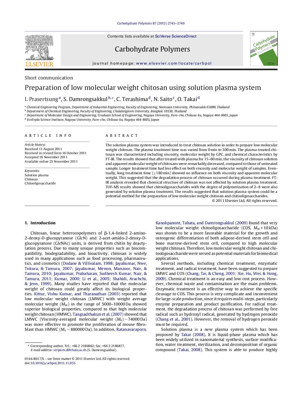 Preparation of low molecular weight chitosan using solution plasma system