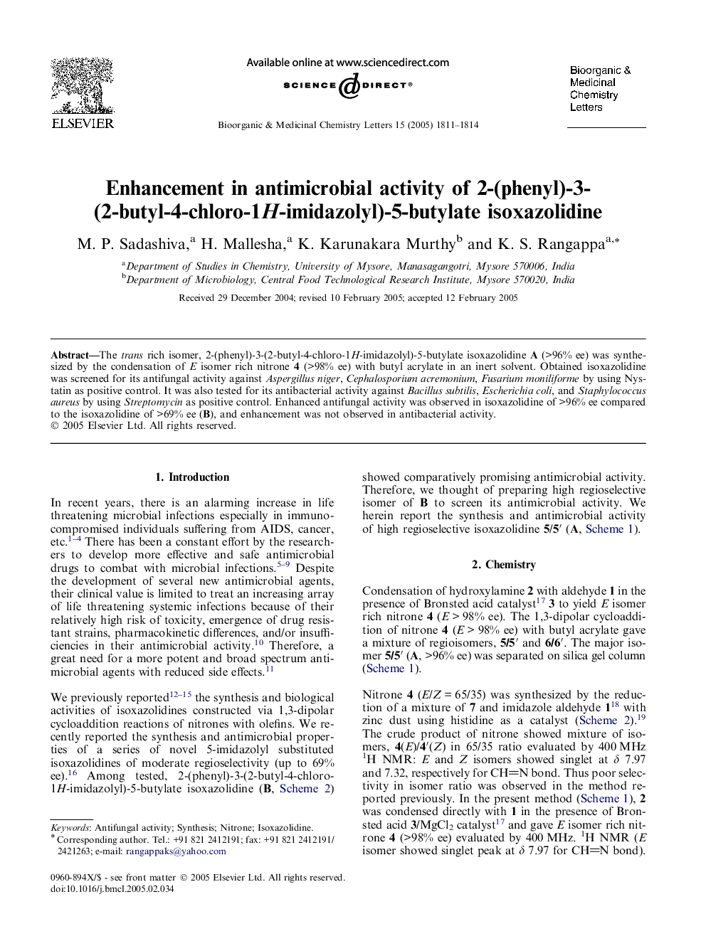 Enhancement in antimicrobial activity of 2-(phenyl)-3-(2-butyl-4-chloro-1H-imidazolyl)-5-butylate isoxazolidine