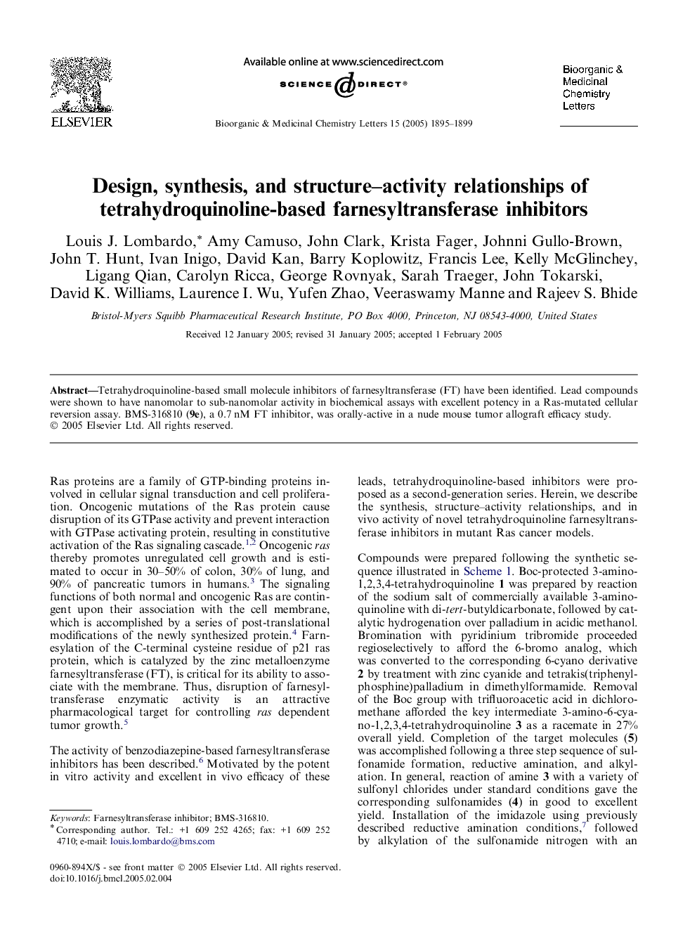 Design, synthesis, and structure-activity relationships of tetrahydroquinoline-based farnesyltransferase inhibitors