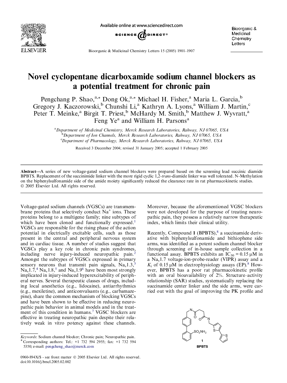 Novel cyclopentane dicarboxamide sodium channel blockers as a potential treatment for chronic pain