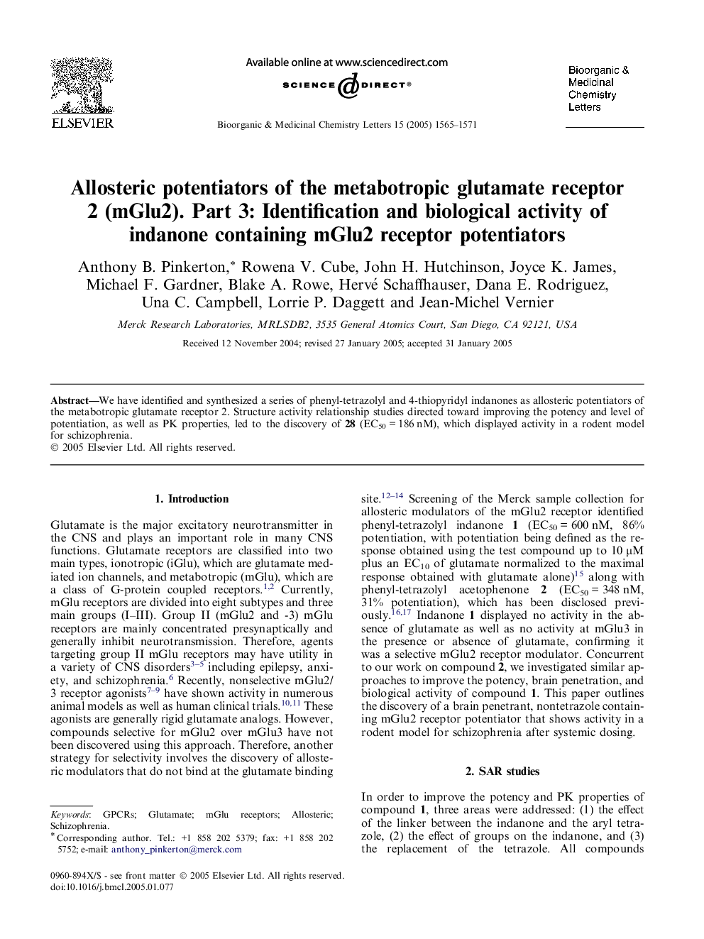 Allosteric potentiators of the metabotropic glutamate receptor 2 (mGlu2). Part 3: Identification and biological activity of indanone containing mGlu2 receptor potentiators