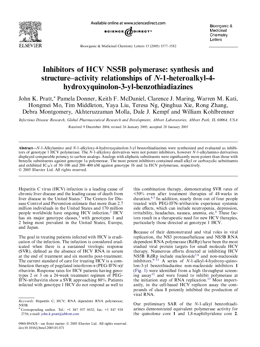 Inhibitors of HCV NS5B polymerase: synthesis and structure-activity relationships of N-1-heteroalkyl-4-hydroxyquinolon-3-yl-benzothiadiazines