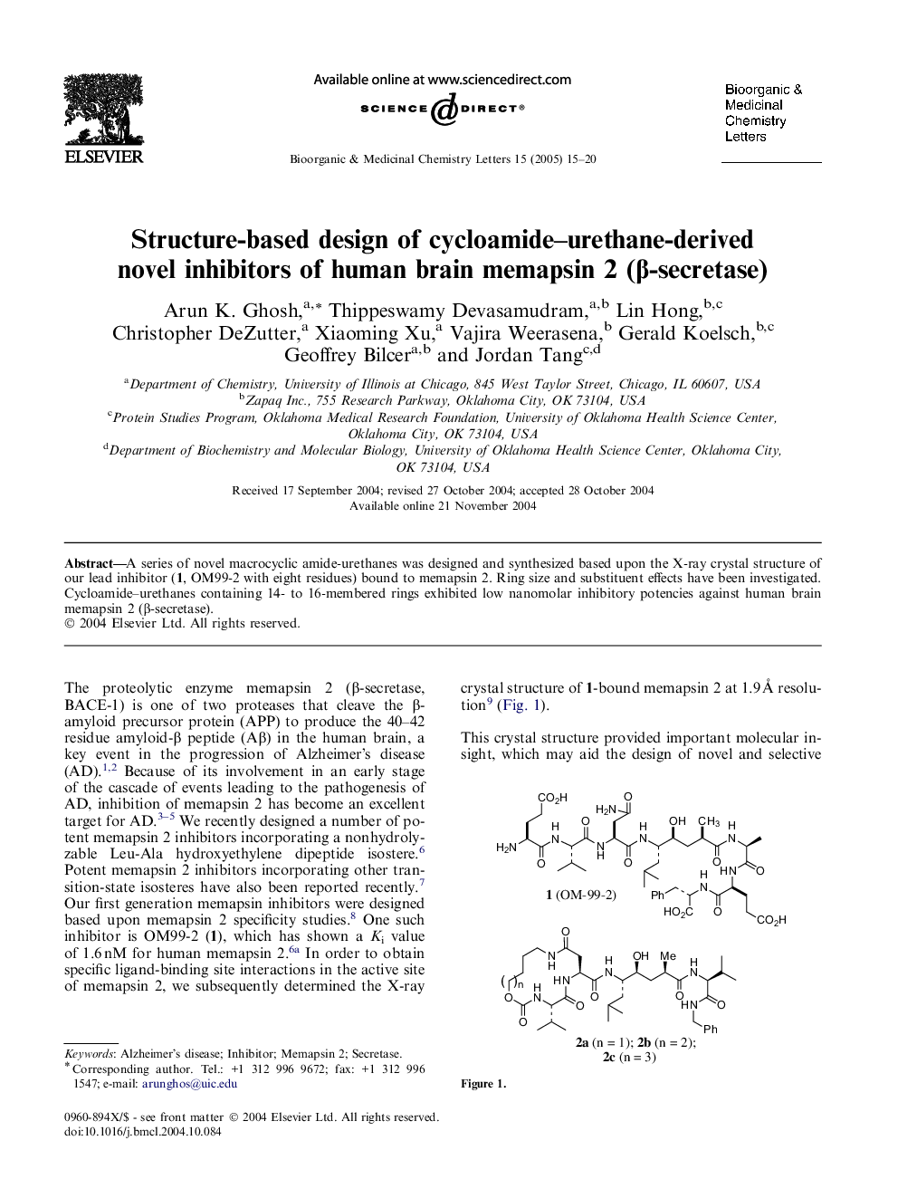 Structure-based design of cycloamide-urethane-derived novel inhibitors of human brain memapsin 2 (Î²-secretase)