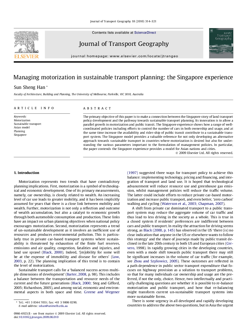 Managing motorization in sustainable transport planning: the Singapore experience