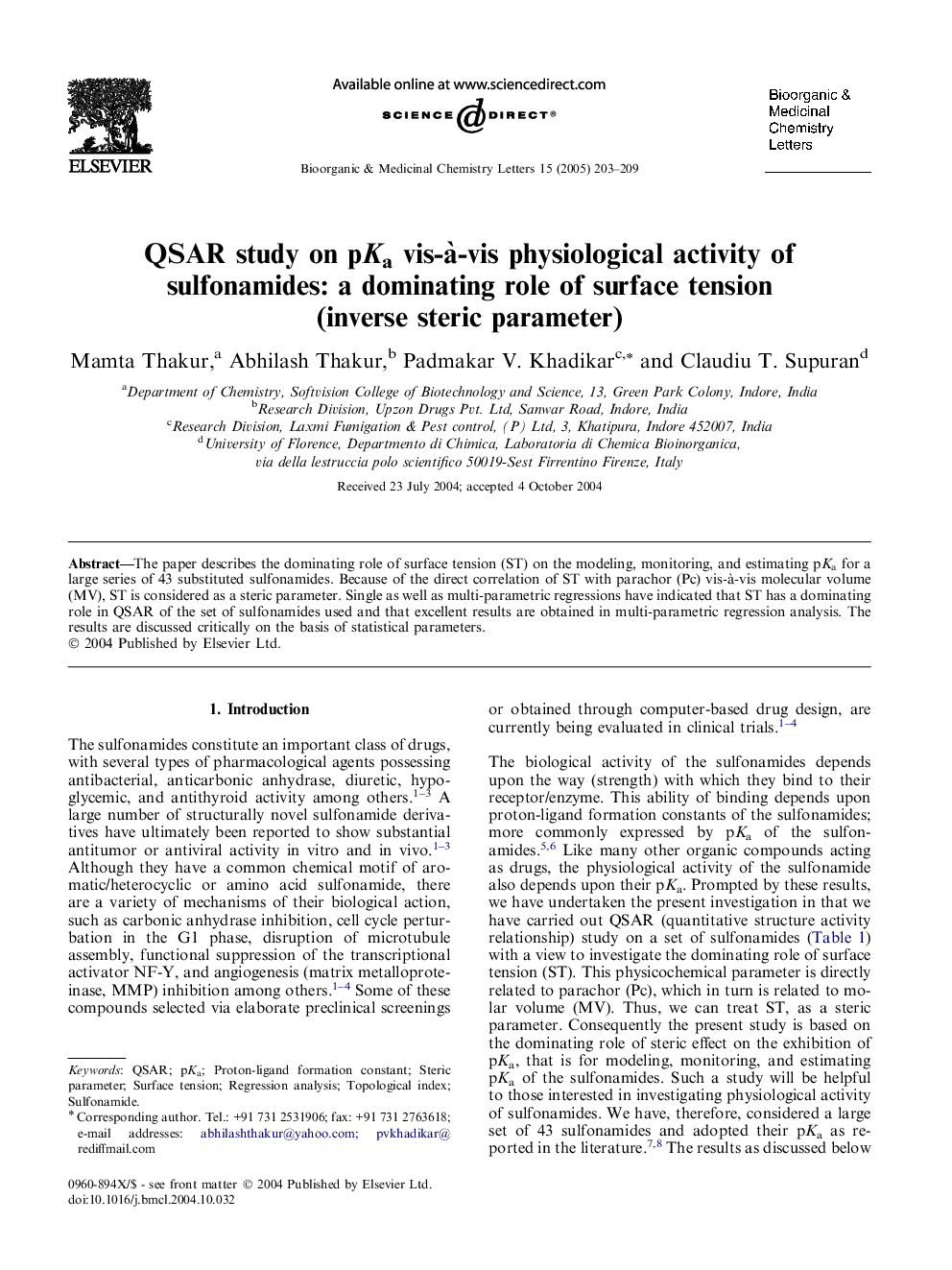 QSAR study on pKa vis-Ã -vis physiological activity of sulfonamides: a dominating role of surface tension (inverse steric parameter)