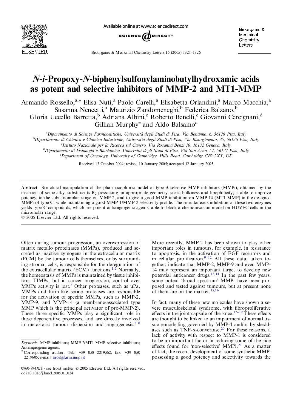 N-i-Propoxy-N-biphenylsulfonylaminobutylhydroxamic acids as potent and selective inhibitors of MMP-2 and MT1-MMP