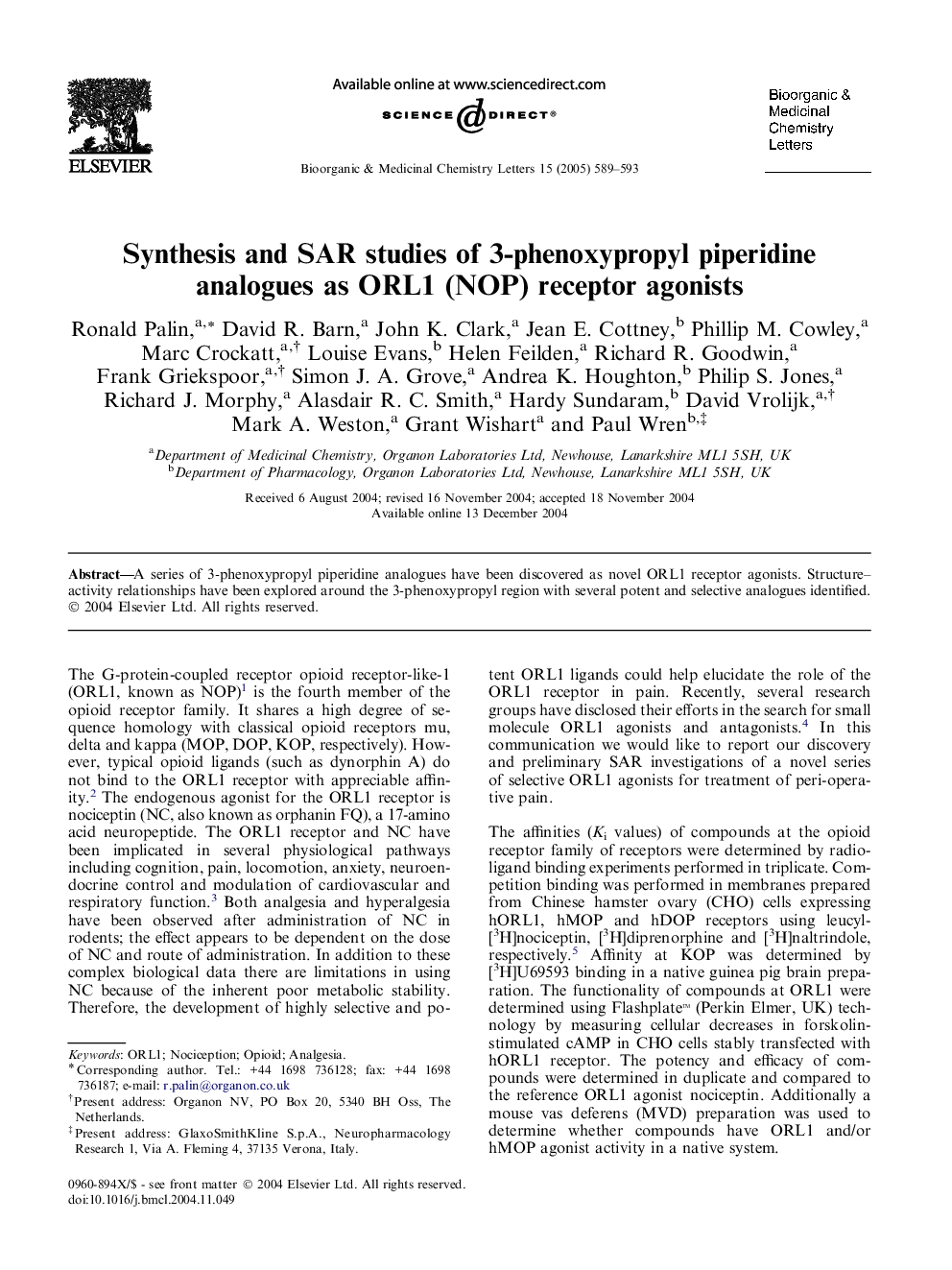 Synthesis and SAR studies of 3-phenoxypropyl piperidine analogues as ORL1 (NOP) receptor agonists