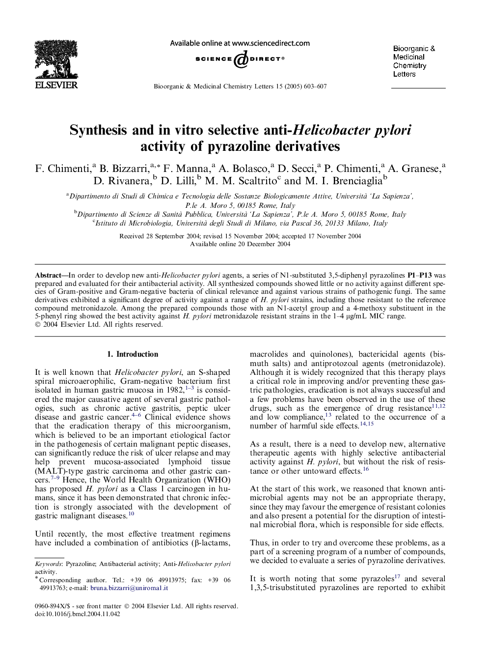 Synthesis and in vitro selective anti-Helicobacter pylori activity of pyrazoline derivatives