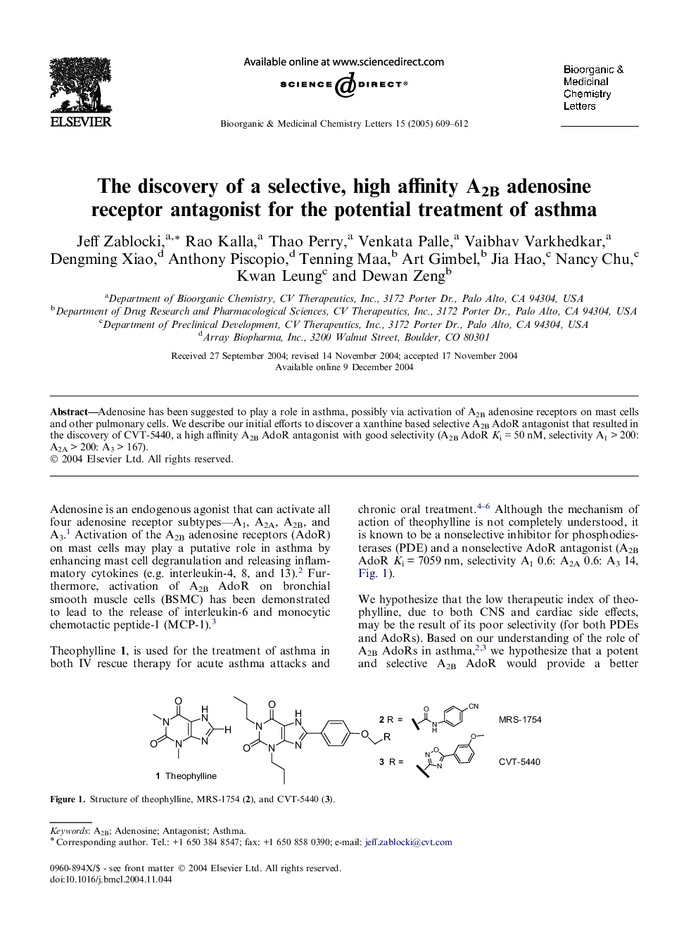 عکس صفحه اول مقاله: The discovery of a selective, high affinity A2B adenosine receptor antagonist for the potential treatment of asthma The discovery of a selective, high affinity A2B adenosine receptor antagonist for the potential treatment of asthma