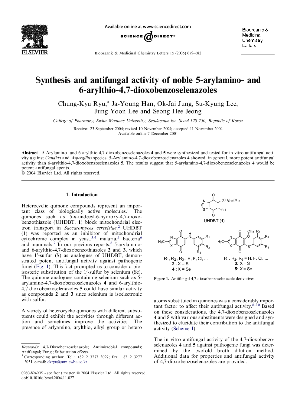 Synthesis and antifungal activity of noble 5-arylamino- and 6-arylthio-4,7-dioxobenzoselenazoles