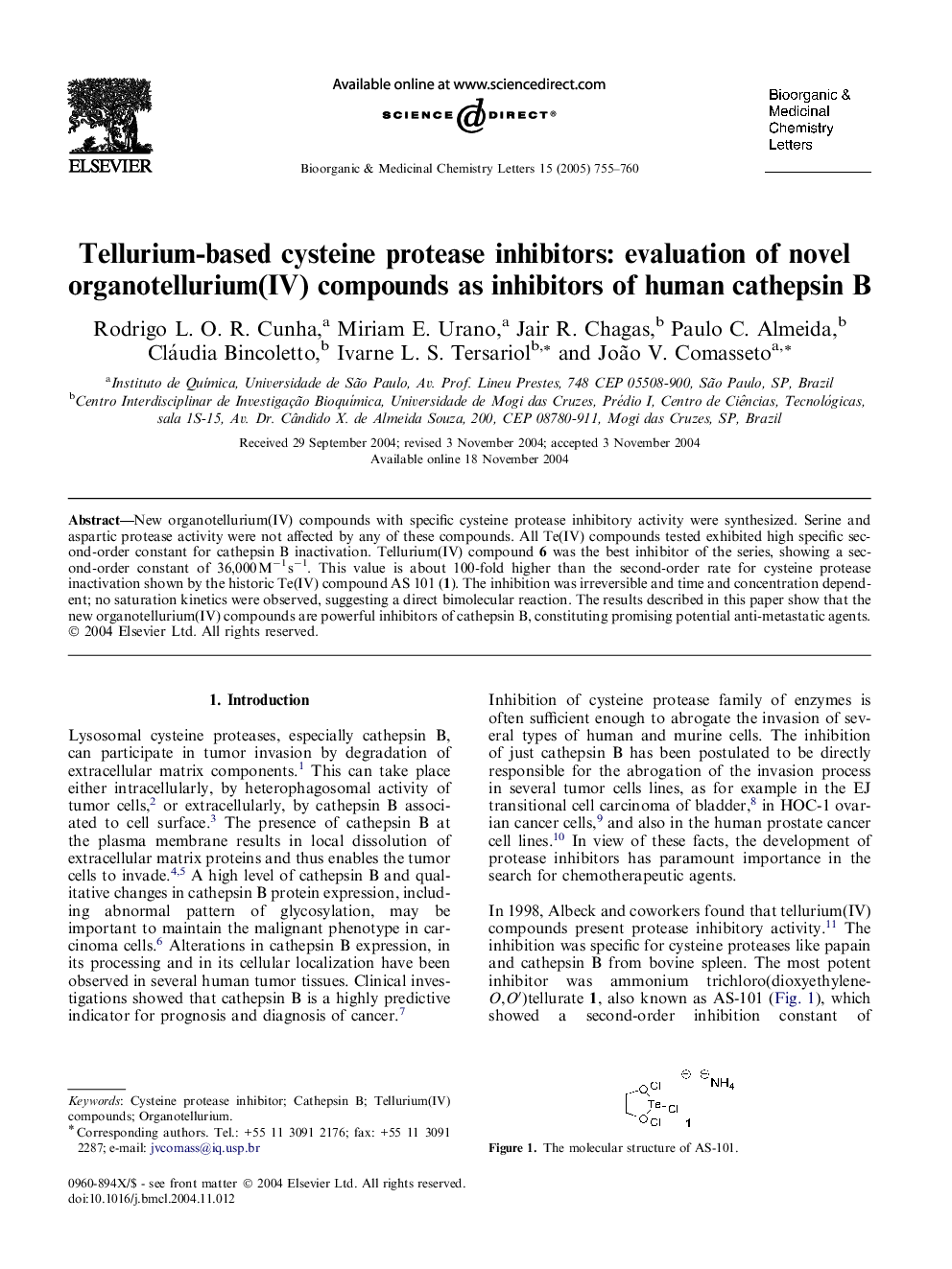 Tellurium-based cysteine protease inhibitors: evaluation of novel organotellurium(IV) compounds as inhibitors of human cathepsin B