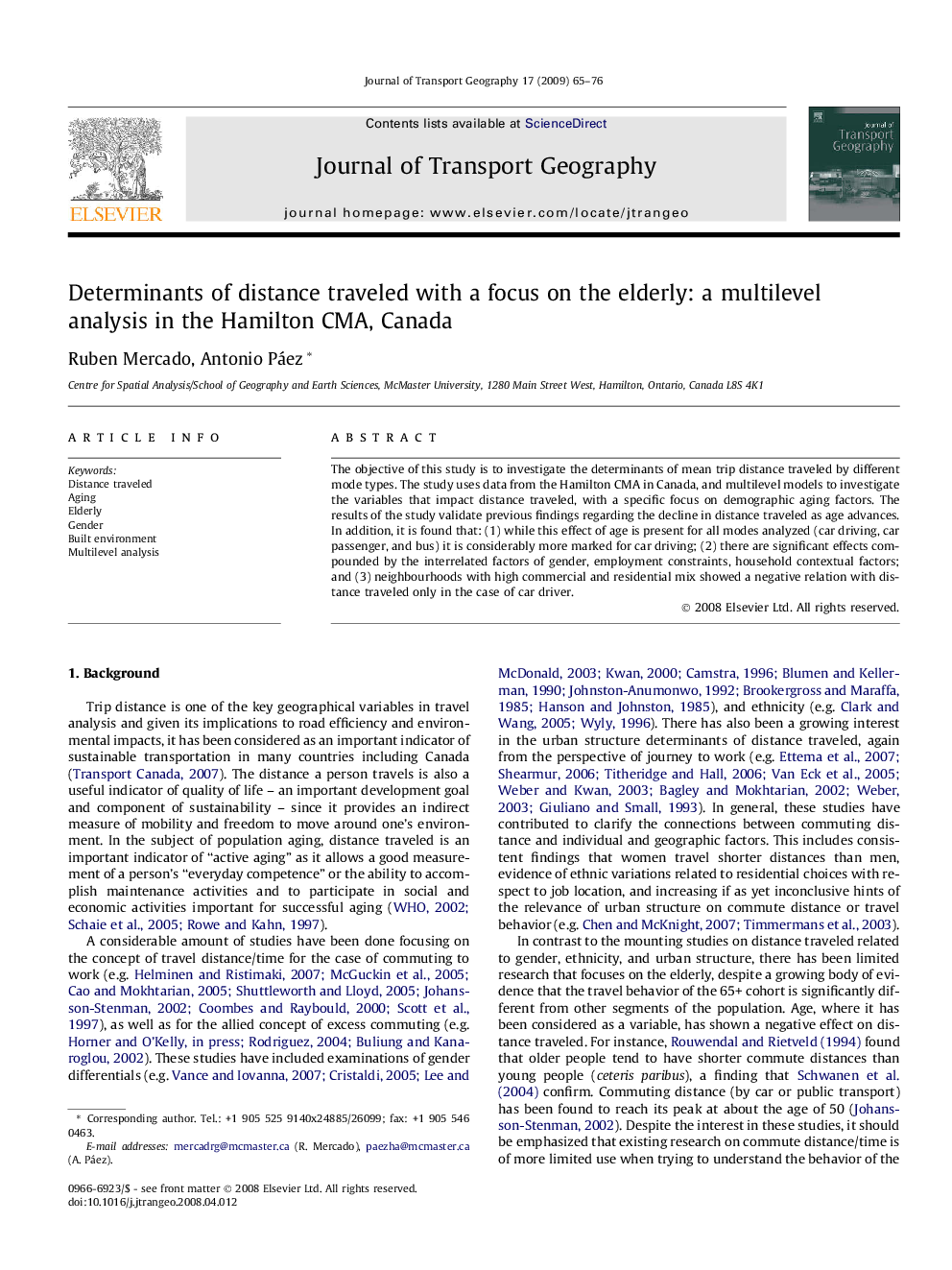 Determinants of distance traveled with a focus on the elderly: a multilevel analysis in the Hamilton CMA, Canada