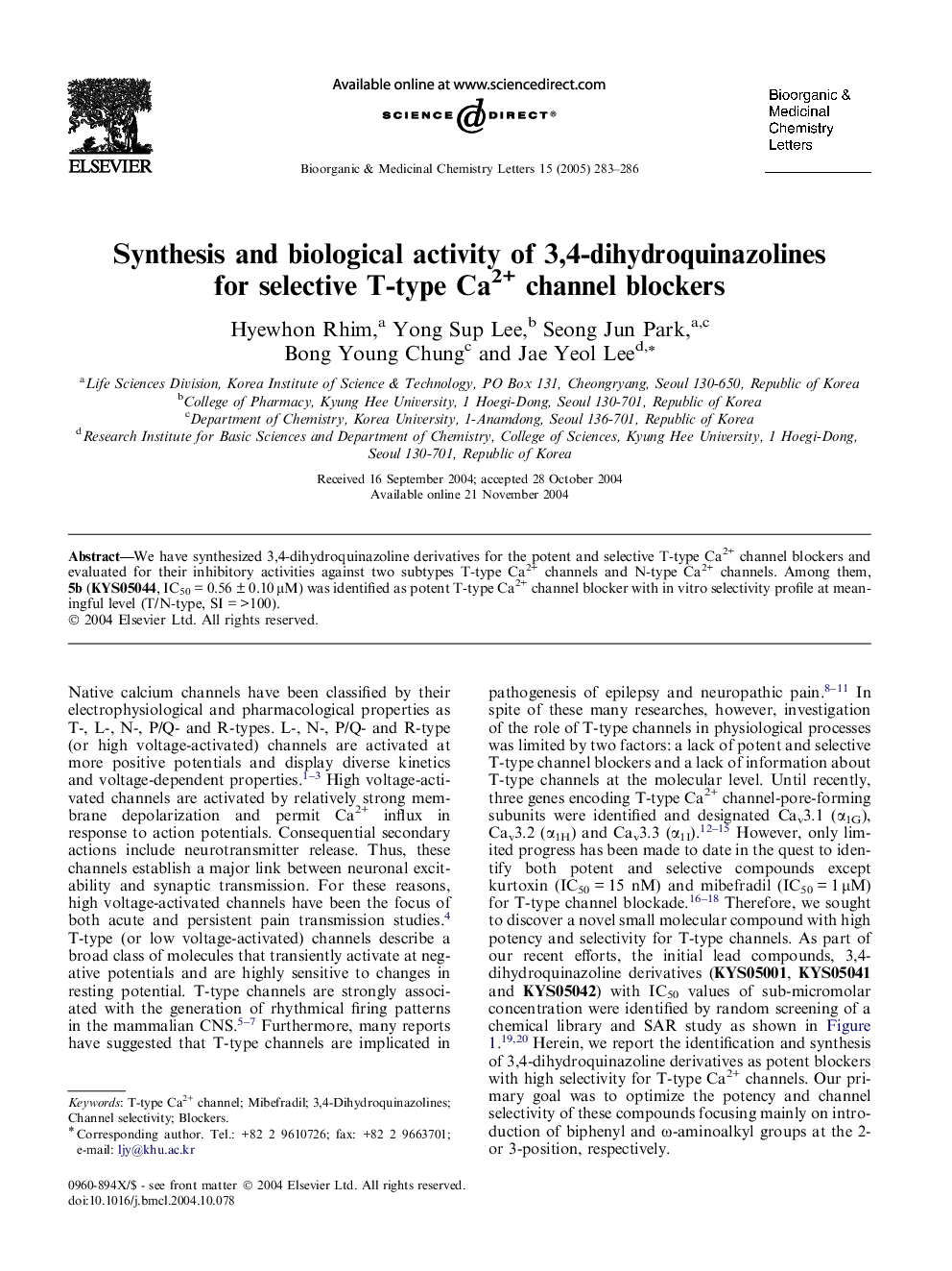 Synthesis and biological activity of 3,4-dihydroquinazolines for selective T-type Ca2+ channel blockers