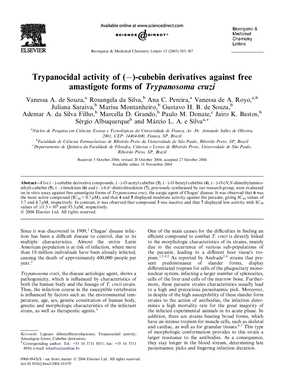 Trypanocidal activity of (â)-cubebin derivatives against free amastigote forms of Trypanosoma cruzi