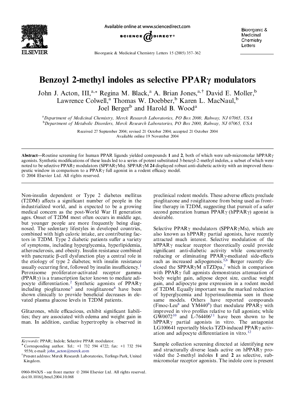 Benzoyl 2-methyl indoles as selective PPARÎ³ modulators