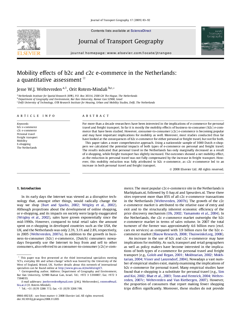 Mobility effects of b2c and c2c e-commerce in the Netherlands: a quantitative assessment 