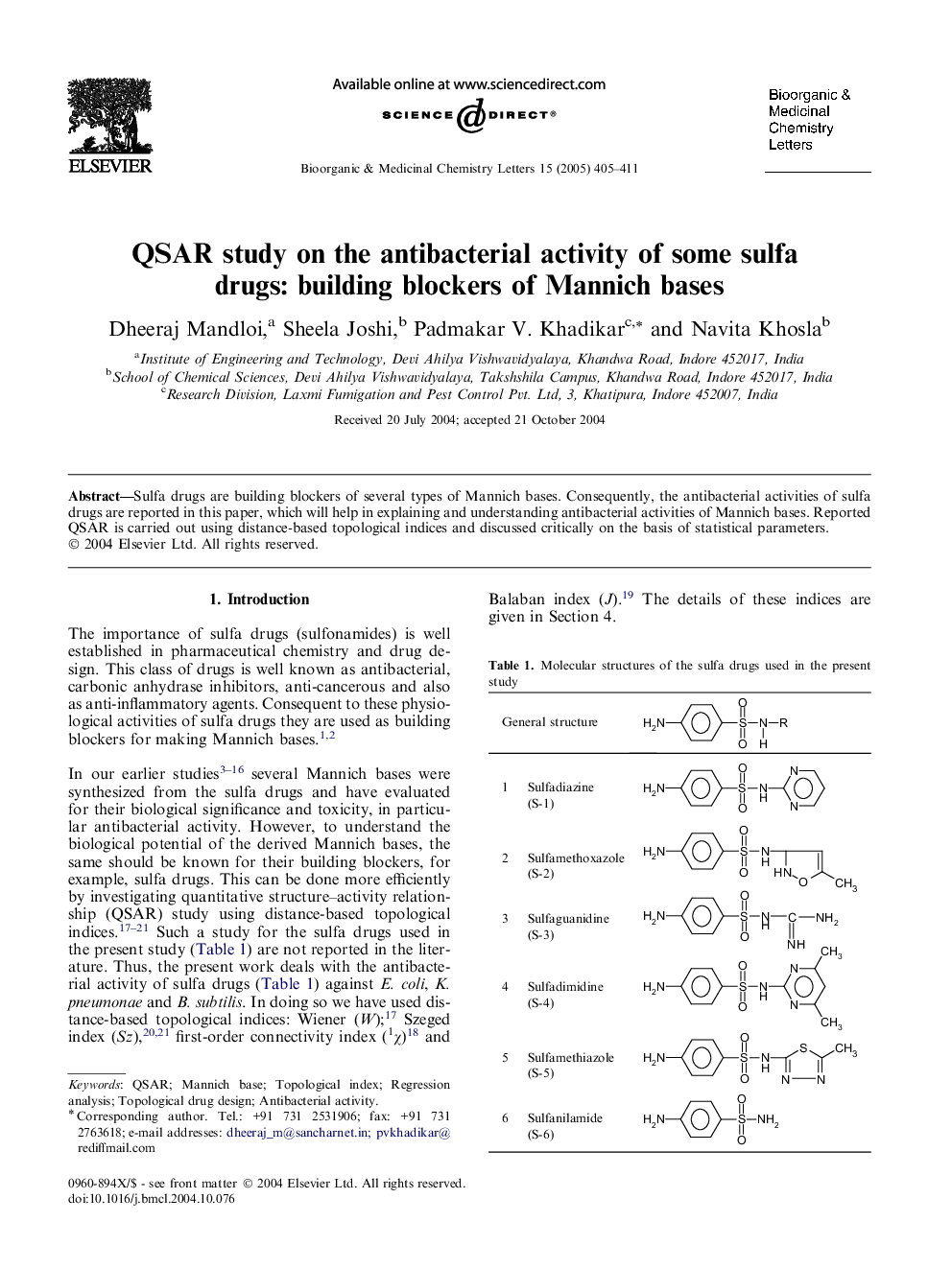 QSAR study on the antibacterial activity of some sulfa drugs: building blockers of Mannich bases