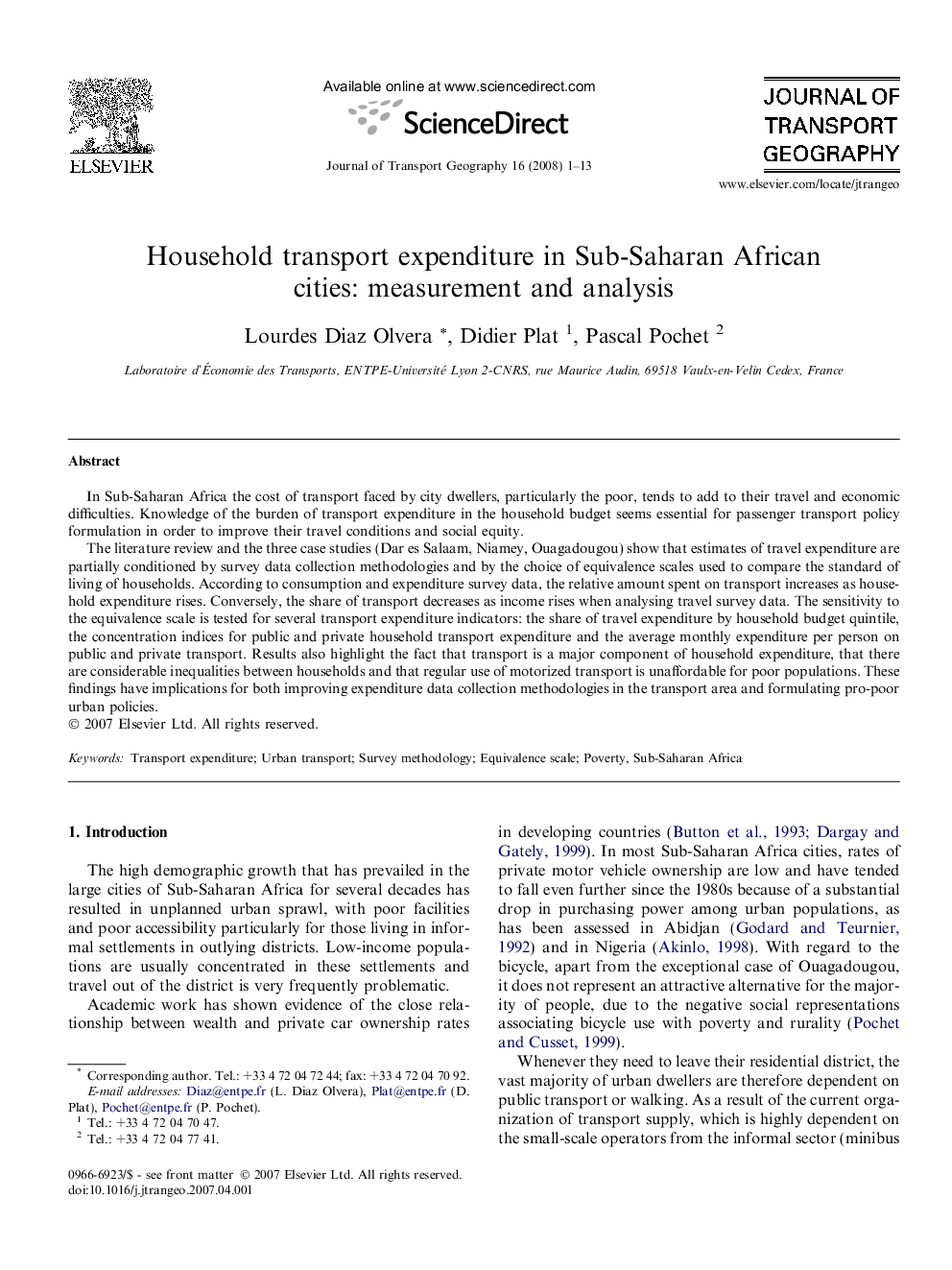 Household transport expenditure in Sub-Saharan African cities: measurement and analysis