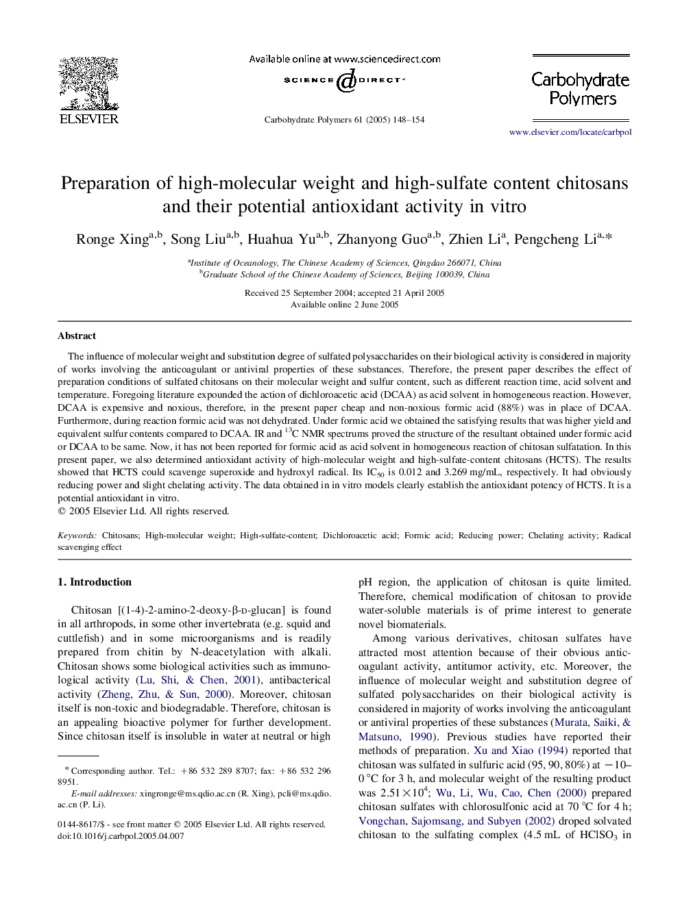 Preparation of high-molecular weight and high-sulfate content chitosans and their potential antioxidant activity in vitro