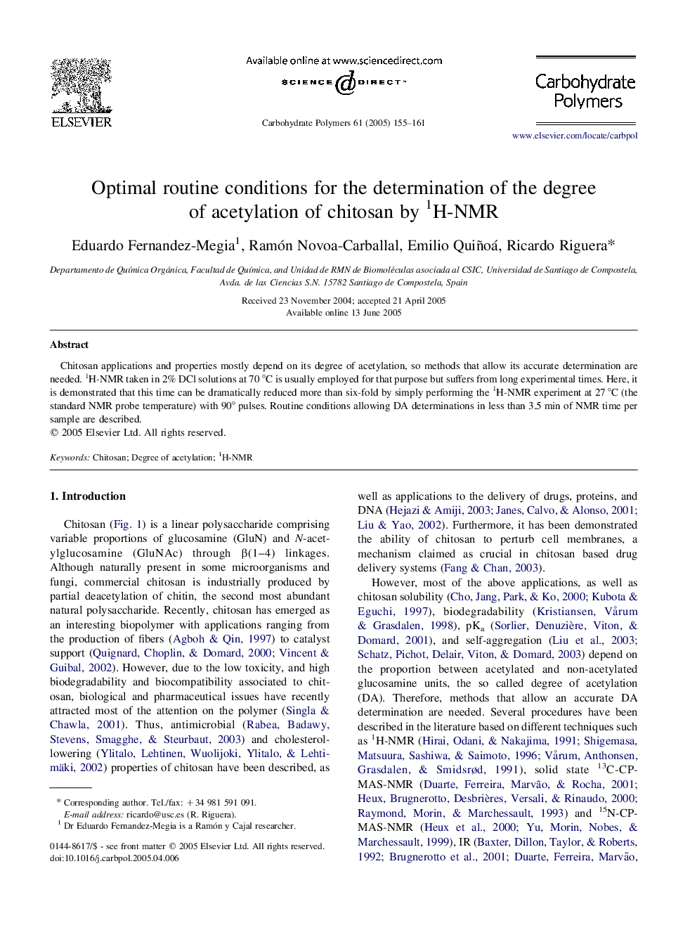 Optimal routine conditions for the determination of the degree of acetylation of chitosan by 1H-NMR