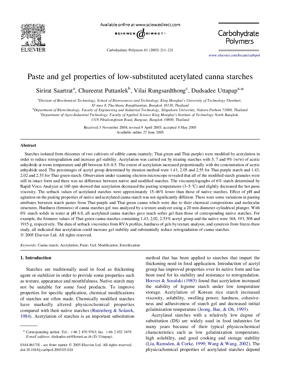 Paste and gel properties of low-substituted acetylated canna starches