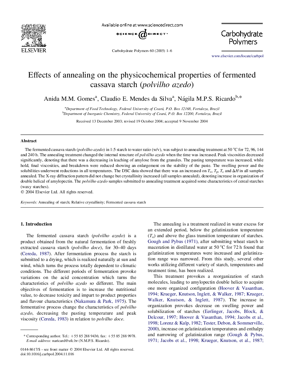 Effects of annealing on the physicochemical properties of fermented cassava starch (polvilho azedo)