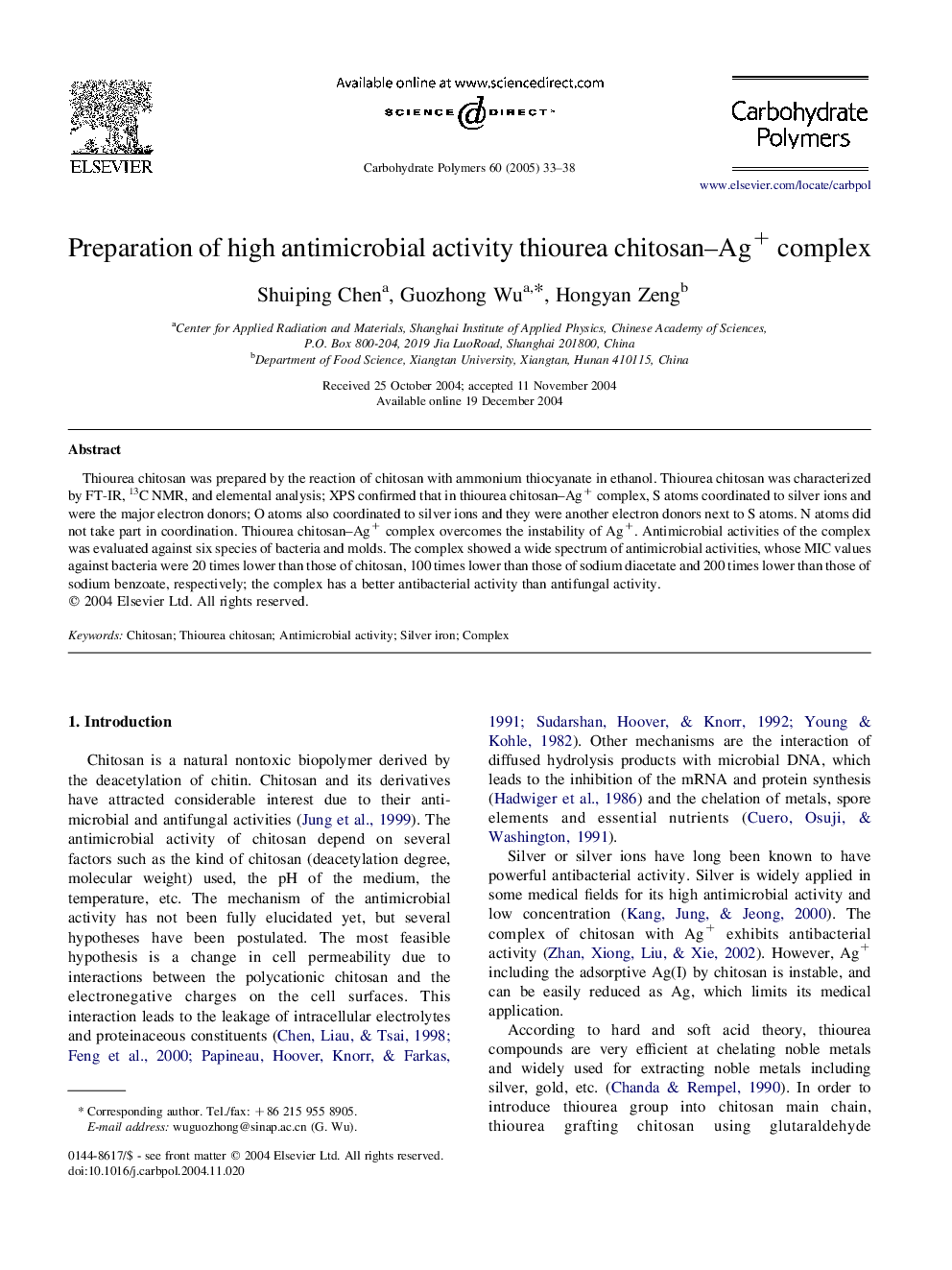 Preparation of high antimicrobial activity thiourea chitosan-Ag+ complex