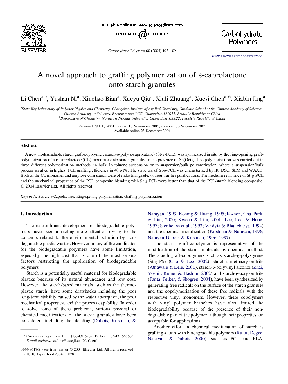 A novel approach to grafting polymerization of Îµ-caprolactone onto starch granules