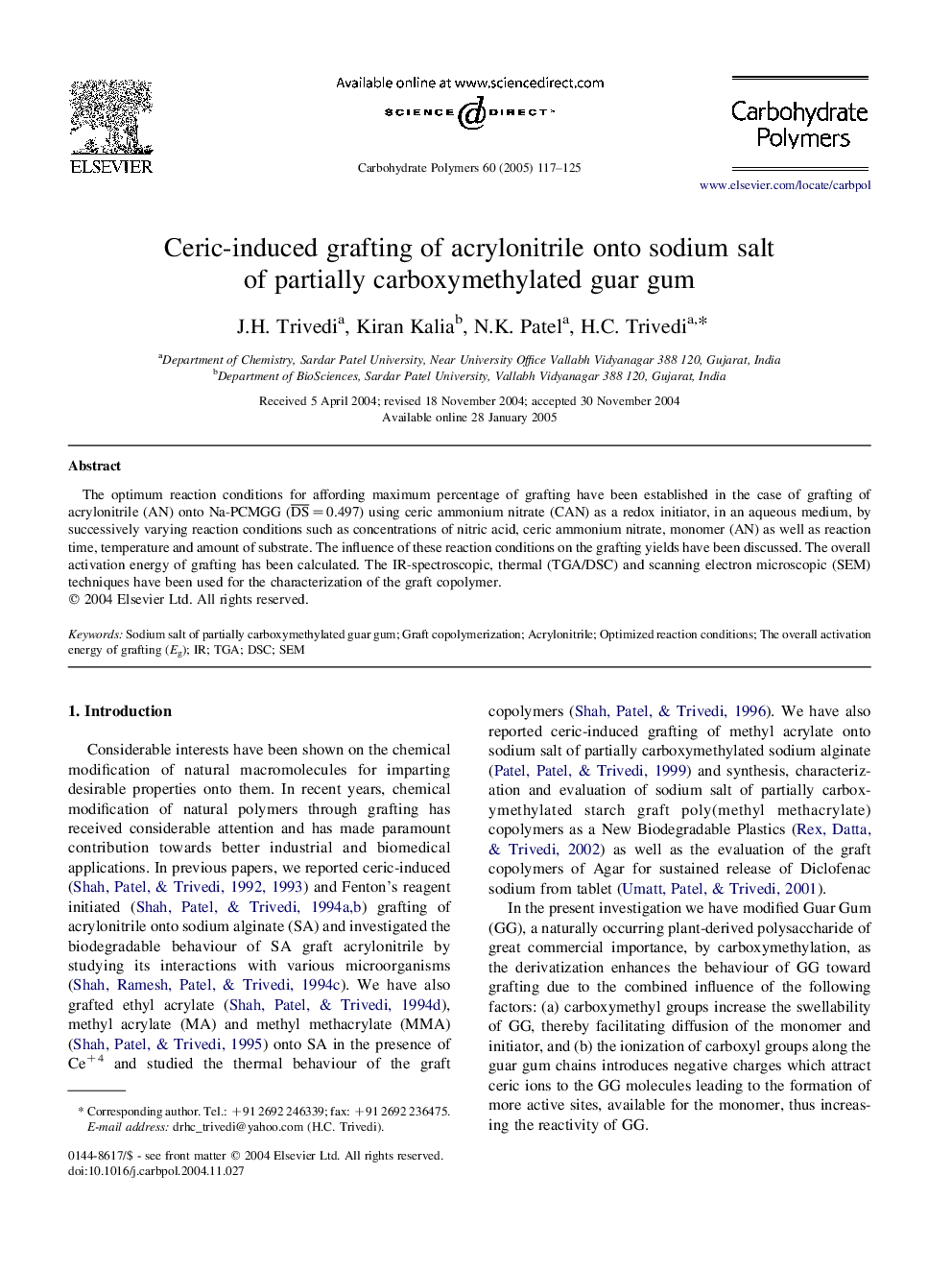 Ceric-induced grafting of acrylonitrile onto sodium salt of partially carboxymethylated guar gum