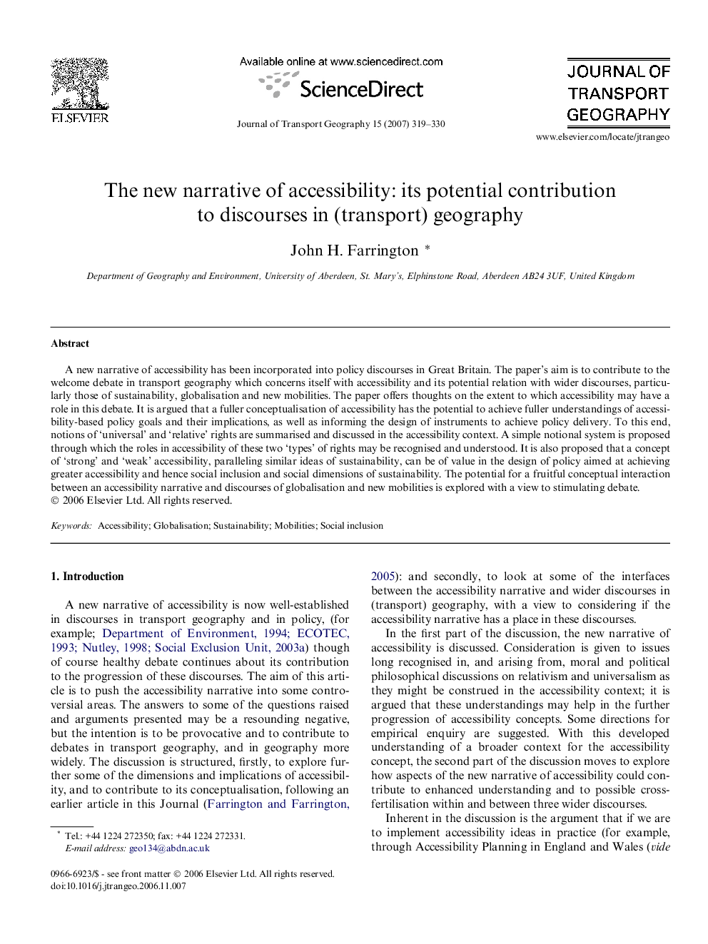 The new narrative of accessibility: its potential contribution to discourses in (transport) geography